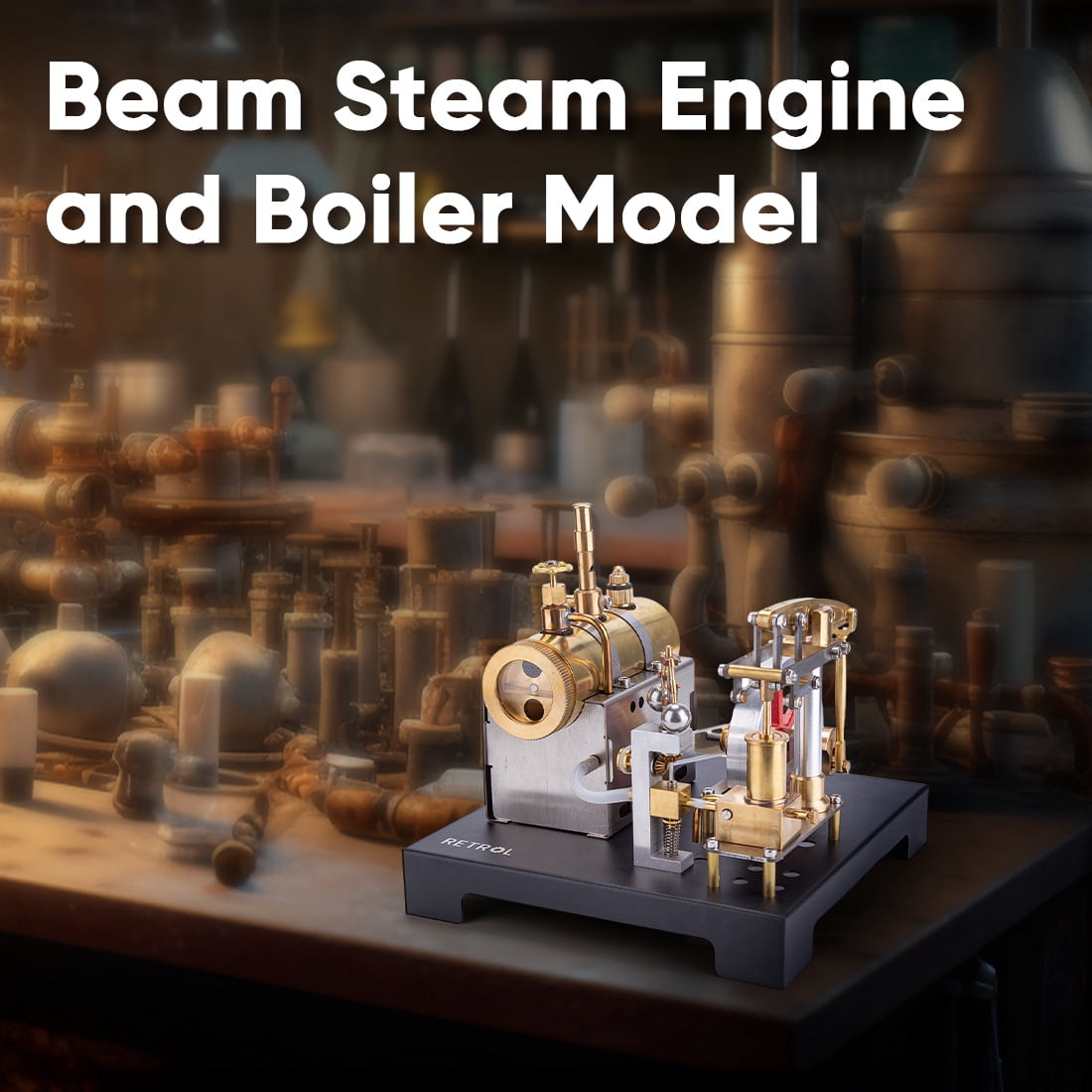 RETROL SE-01 Full Metal Stationary Beam Steam Engine Model & Horizontal Boiler Kit – 85PCS, Educational Steam-Powered Mechanical Kit, Ideal for Hobbyists, Collectors & Home Decor