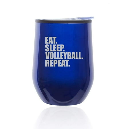 

Stemless Wine Tumbler Coffee Travel Mug Glass With Lid Eat Sleep Volleyball Repeat (Blue)