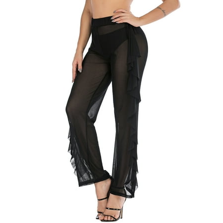 LELINTA Sexy Women See Through Sheer Mesh Flare Cover up Pants Swimsuit Bikini Cover up Elastic Waist Wide Leg Beach Trousers, Black, Up Size to