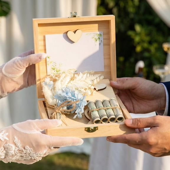 Wedding Money Box Present with Wedding Card Dried Flowers Wood Present for Bride and Groom Money Packaging Container Natural Wood 6.33/5.9/1.89 inch