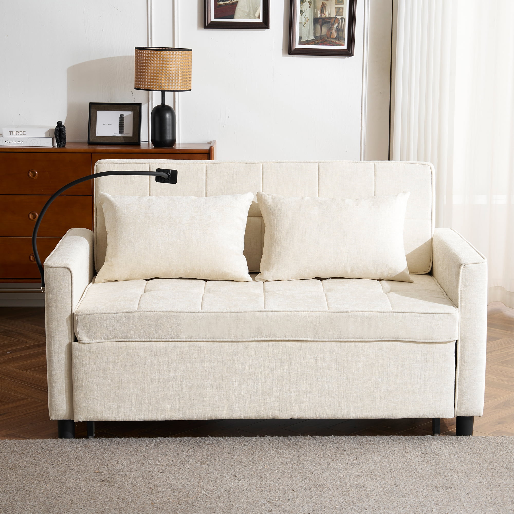 Euroco 56.9" Loveseat Sofa Pull-out Sofa Bed Sleeper Sofa with a Reversible Backrest Cushion, Side Pockets, Two USB Ports and a Phone Holder for Living Room
