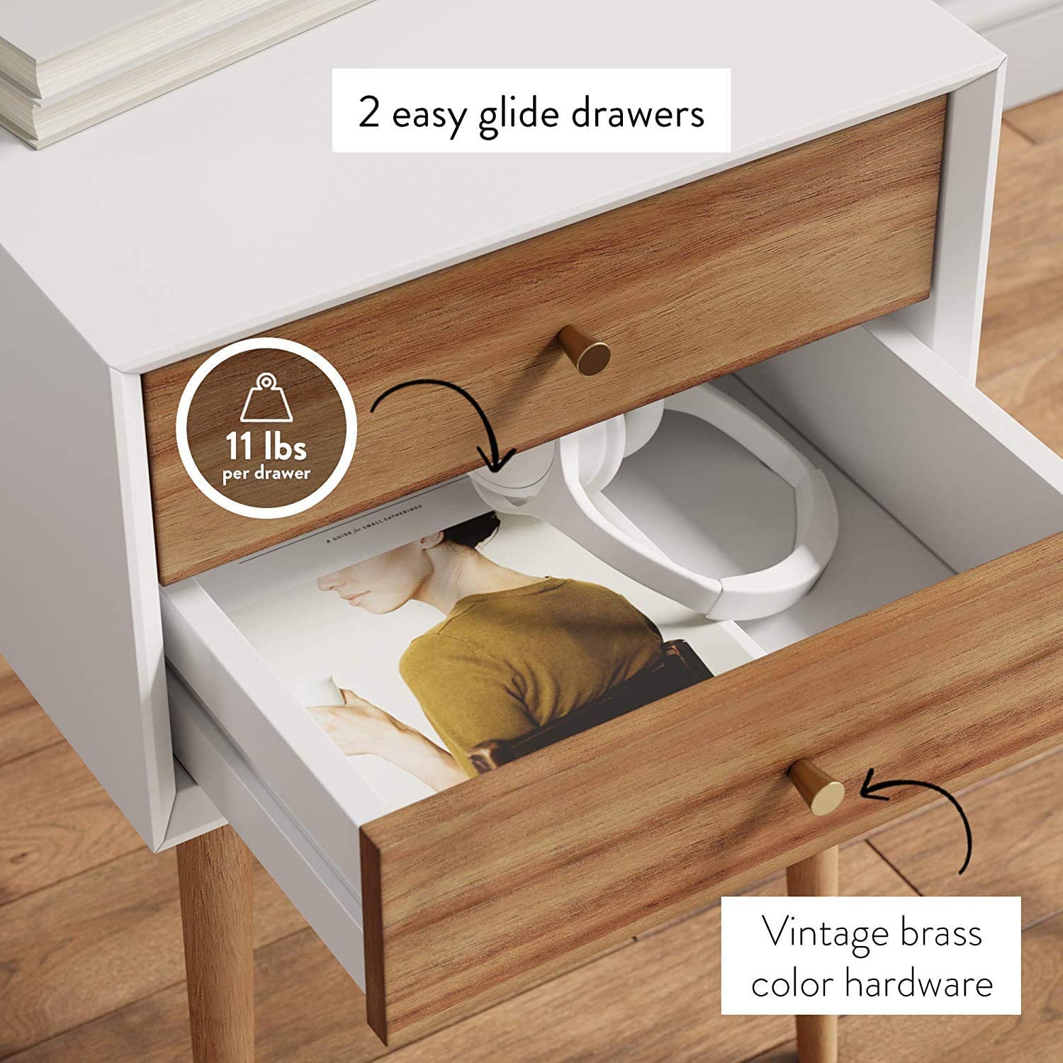 Giantex End Side Table Nightstand with Storage Drawer and Shelf, Wood Nightstand with 2-Drawers, Solid Wood Legs Living Room Bedroom Furniture