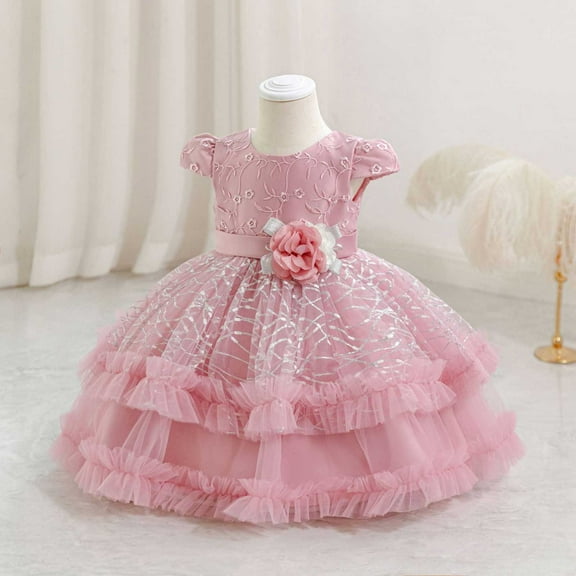 NAISIBABY Girls Flower Dress 3T, Mesh Glitter Tutu Tulle Cute Embroidered Kids Wedding Party Pageant Princess Dress Hot Pink