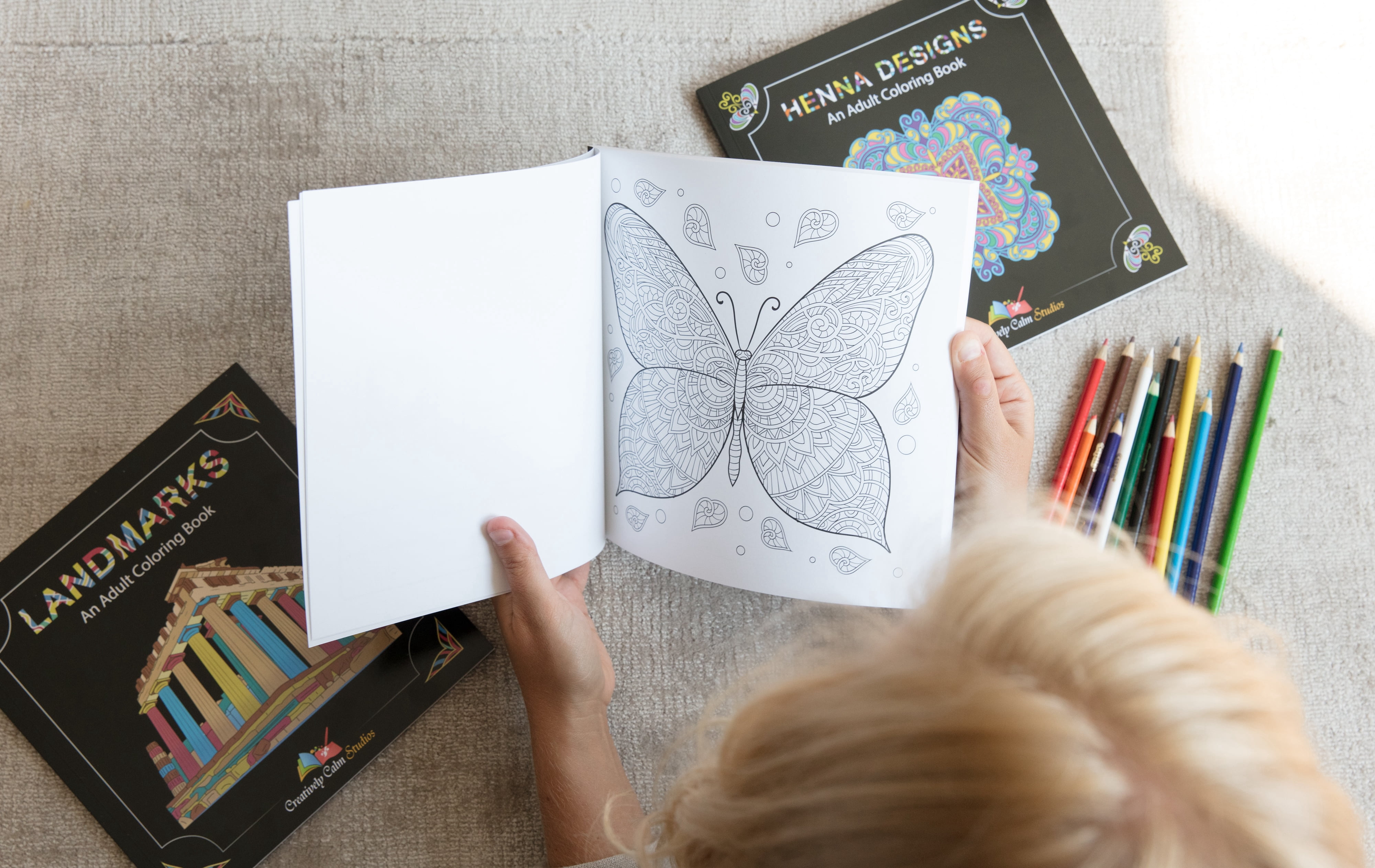 3 Book Set of Butterflies and Flowers, Henna, and Landmarks Adult Coloring Books