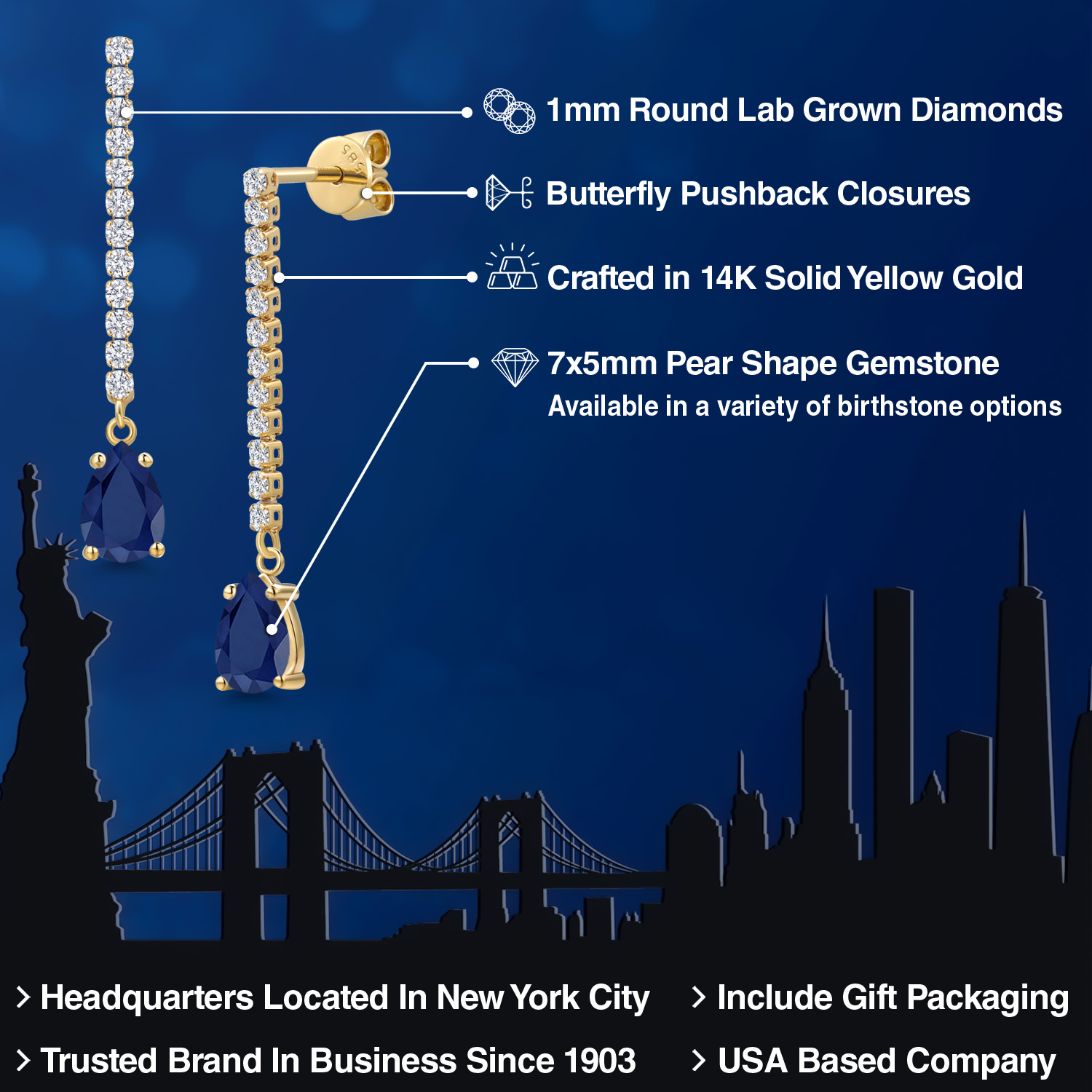 14K Yellow Gold Blue Sapphire and White Lab Grown Diamond Long Liner Dangle Earrings for Women | 2.14 Cttw | Gemstone September Birthstone | Pear Shape 7X5MM | White Gold Chain Drop Earrings