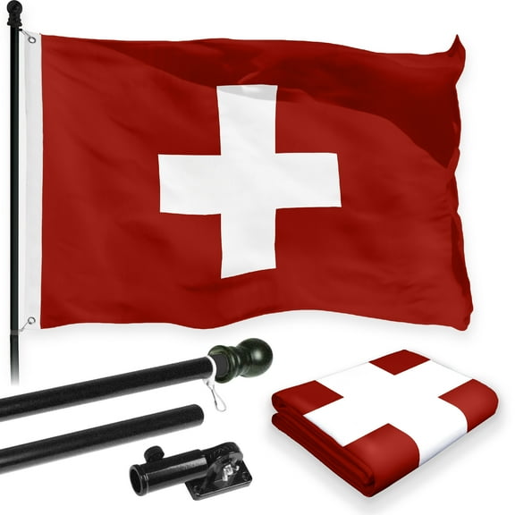 G128 Combo Pack: 6 Feet Tangle Free Spinning Flagpole (Black) Switzerland Swiss Flag 3x5 ft Printed 150D Brass Grommets (Flag Included) Aluminum Flag Pole