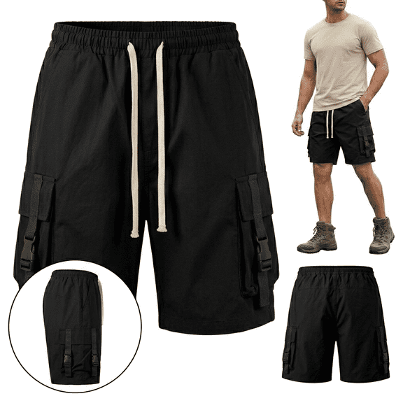 Men's Techwear Cargo Shorts Tactical Streetwear Summer Casual Shorts with Elastic Waist Drawstring and Buckle Pockets