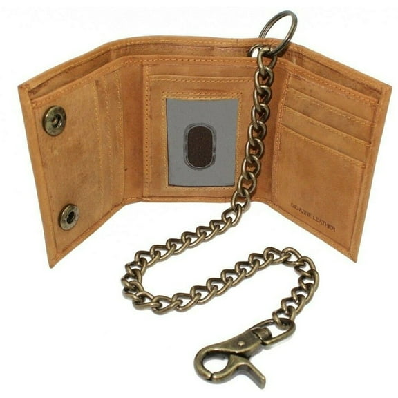 RFID Safe Western Vintage Real Leather Biker Trifold Chain Wallet Khaki Tan for by Juzar Tapal Collection