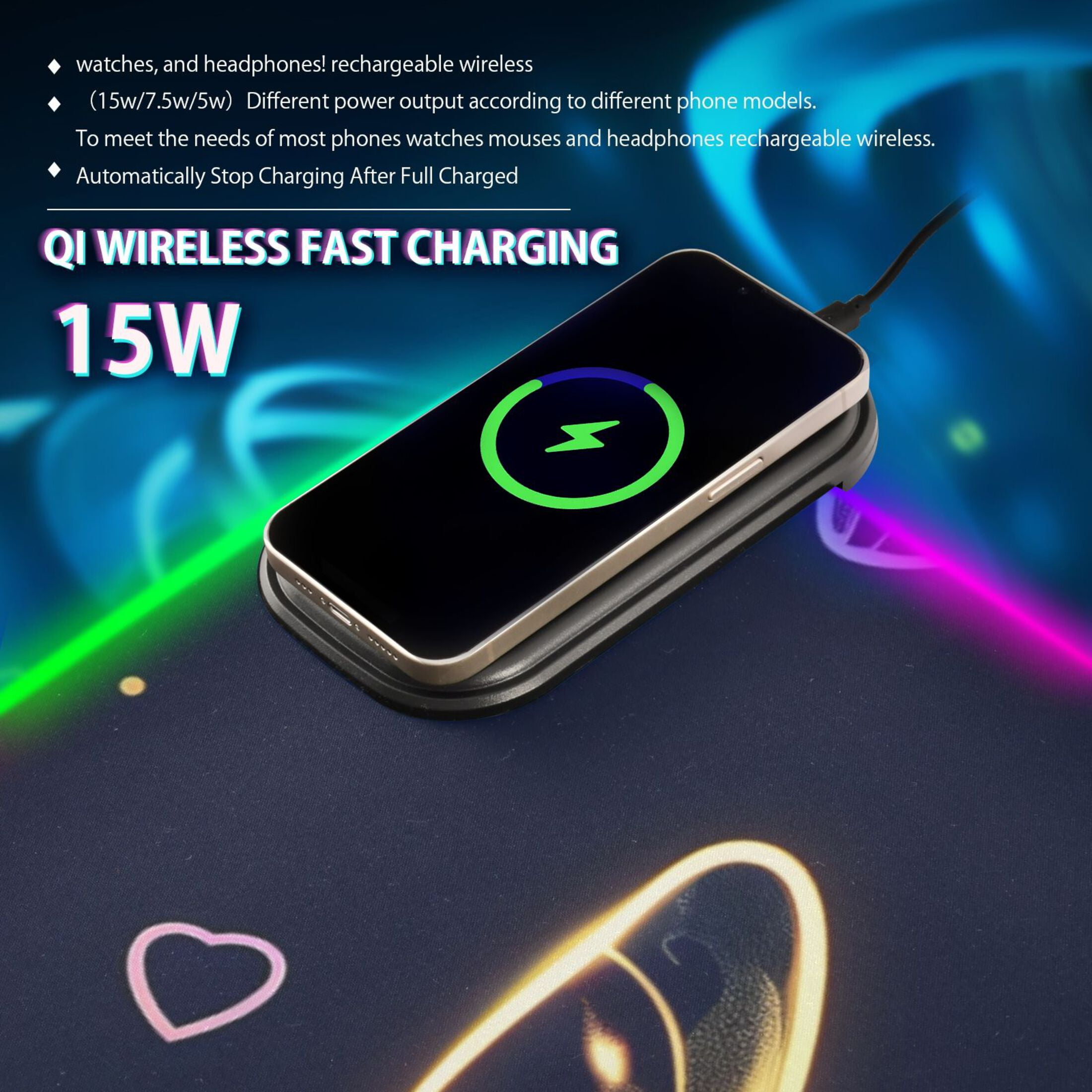 Wireless Charging Mouse Pad Large RGB Gaming Desk Mat 13 Light Modes Mousepad 31.5x11.8 Cute Neon Butterflies