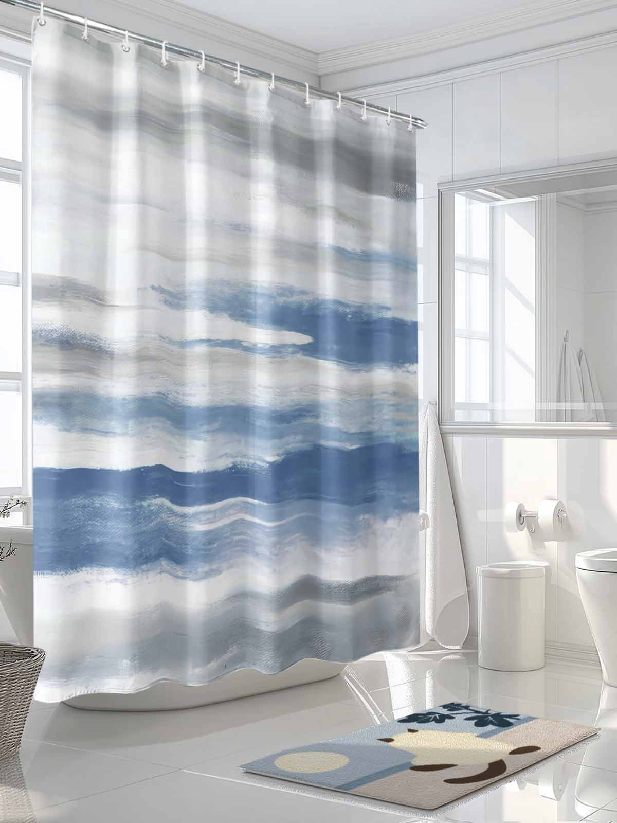 Boanket Polyester Fabric Blue Gray White Shower Curtain, Modern Abstract Mottled Aesthetic Waterproof Bathtub Curtain Bathroom Decor Set with Hooks 72 x 96 Inches,