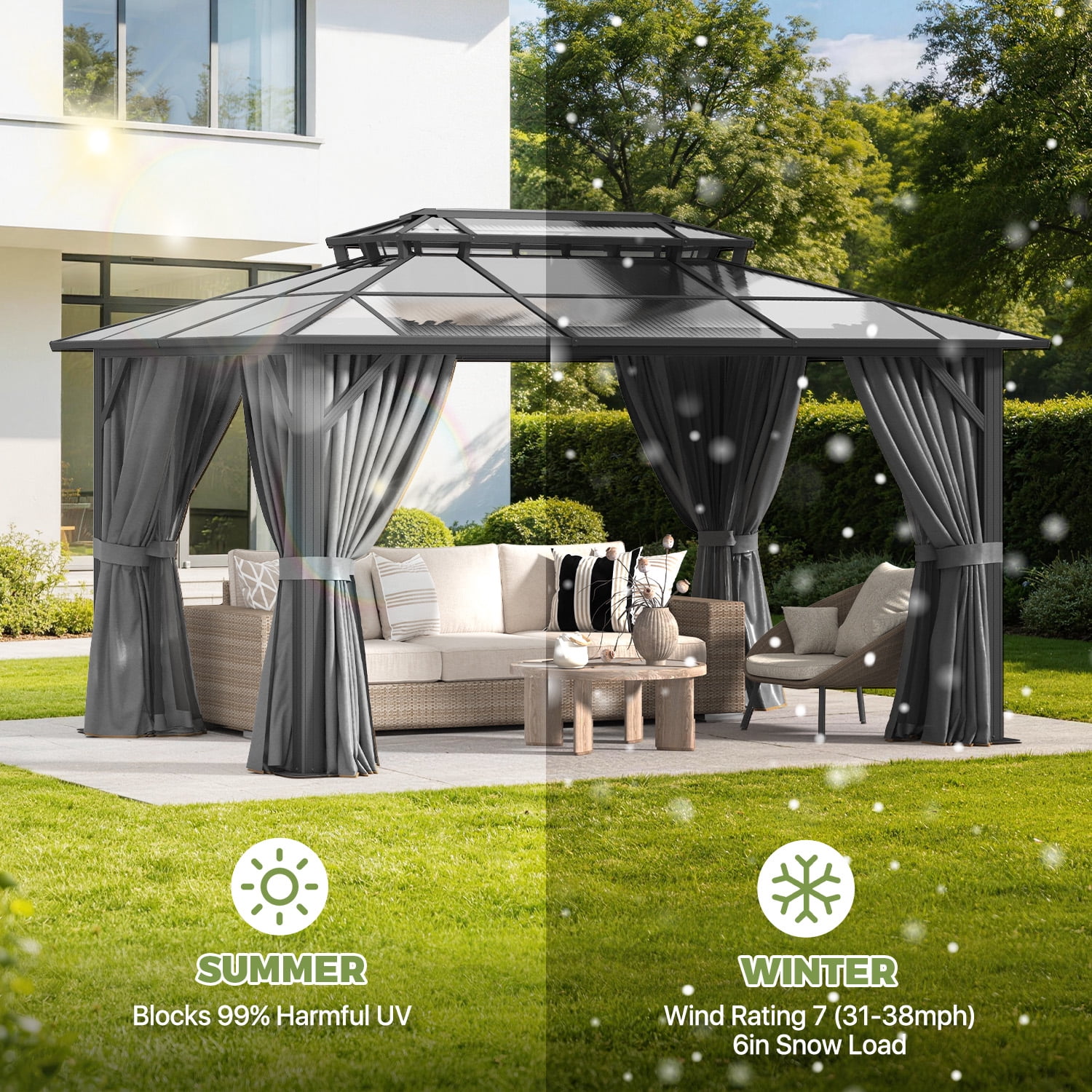 BaPiPro 14x10 FT Outdoor Gazebo, Double Roof Polycarbonate Hardtop, Iron Frame, Black & Gray, UV Protected, Weather Resistant, for Patio Backyard Deck Lawn