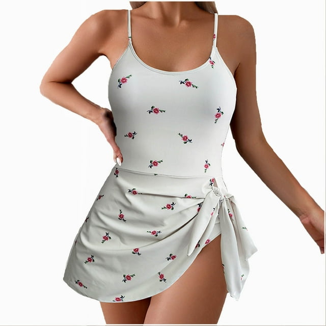 baikeli Maillot de Bain une Pièce pour Femmes Col Rond Imprimé Floral Découpé Bretelles Spaghetti Nœuds Latéraux Robe de Plage Blanc,G