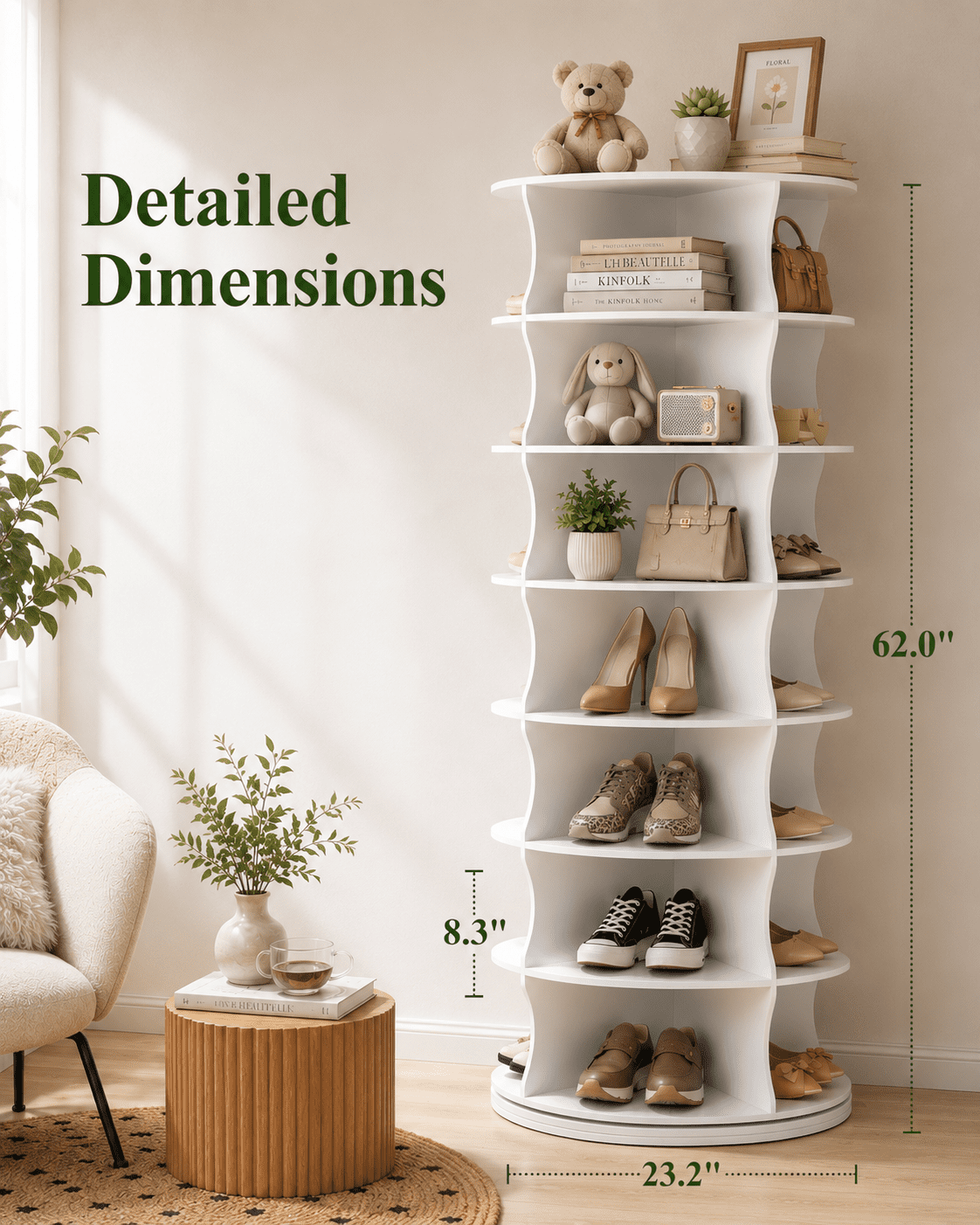 Kitsure Shoe Rack - 7-Tier Freestanding Rotating Shoe Rack, Lazy Susan Base Display Organizer for Bag & Footware, Easy-to-Assemble Shoe Rack for Entryway, Closet, Bedroom, White