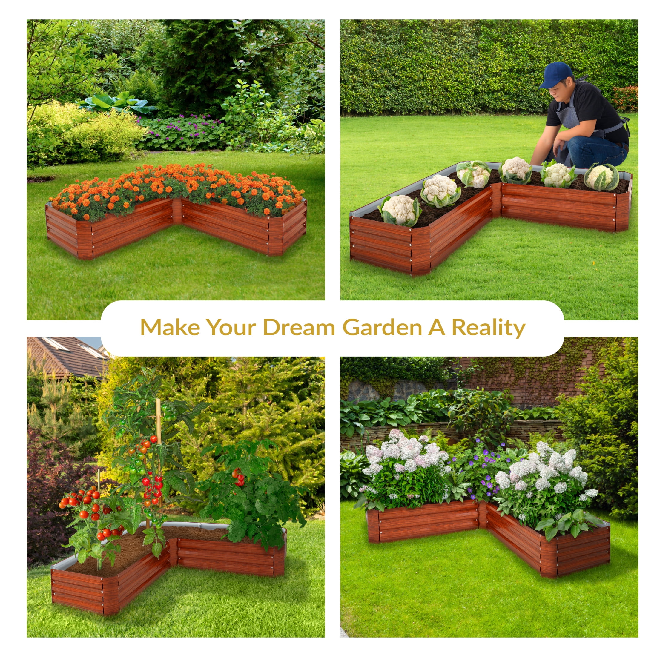 Sunnydaze 59.5" x 59.5" x 11.75" L-Shaped Woodgrain Galvanized Steel Raised Garden Bed