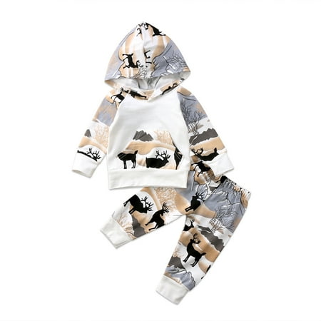 

Canrulo Baby Boys 2PCS Outfit Set Long Sleeve Hoodie Top Long Printed Pants Brown 0-6 Months