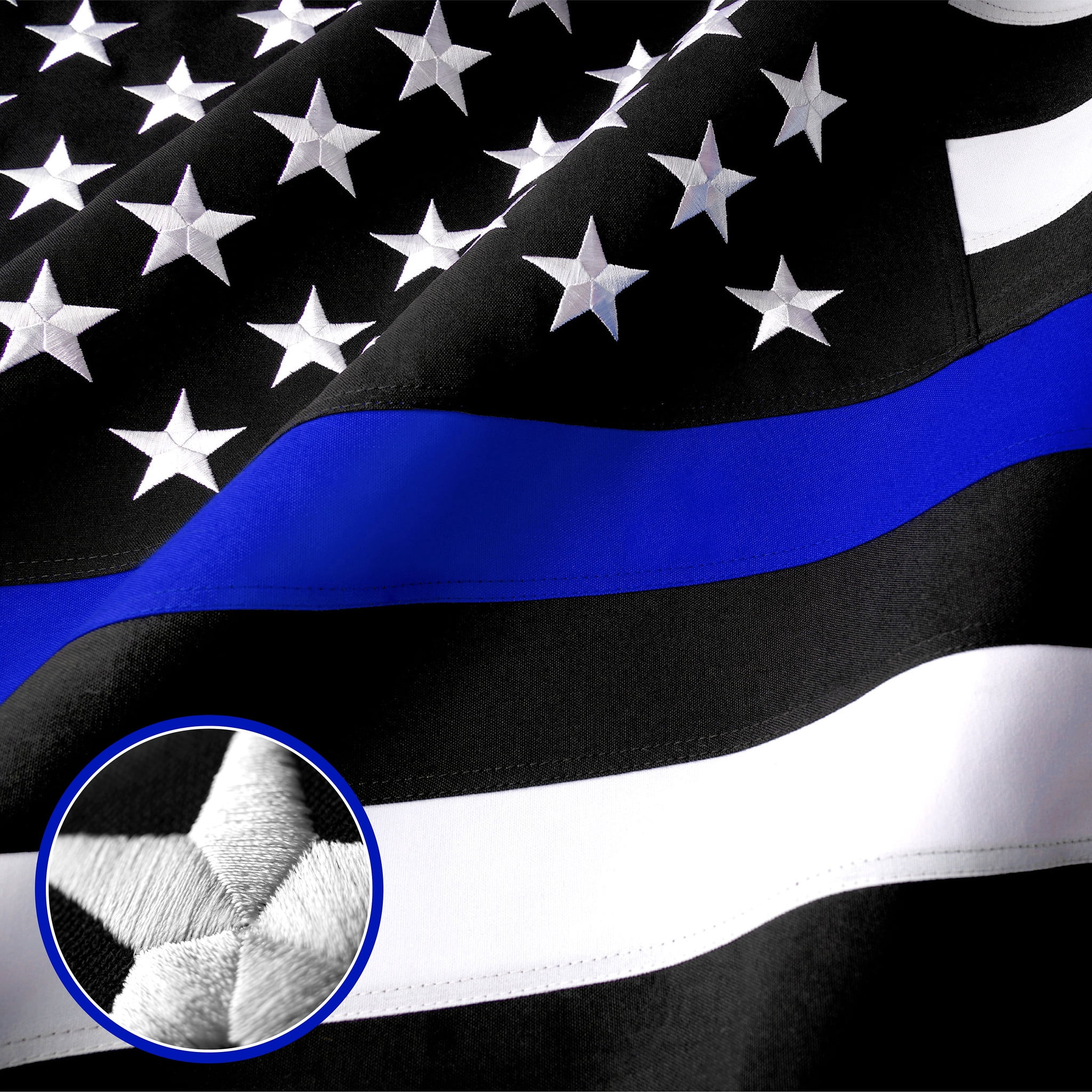 G128 - Thin Blue Line Flag 2x3 FT Embroidered Heavy Duty 220GSM Tough Spun Polyester U.S. American Flag Brass Grommets Honoring Men Women Law Enforcement Black White Blue US Flag