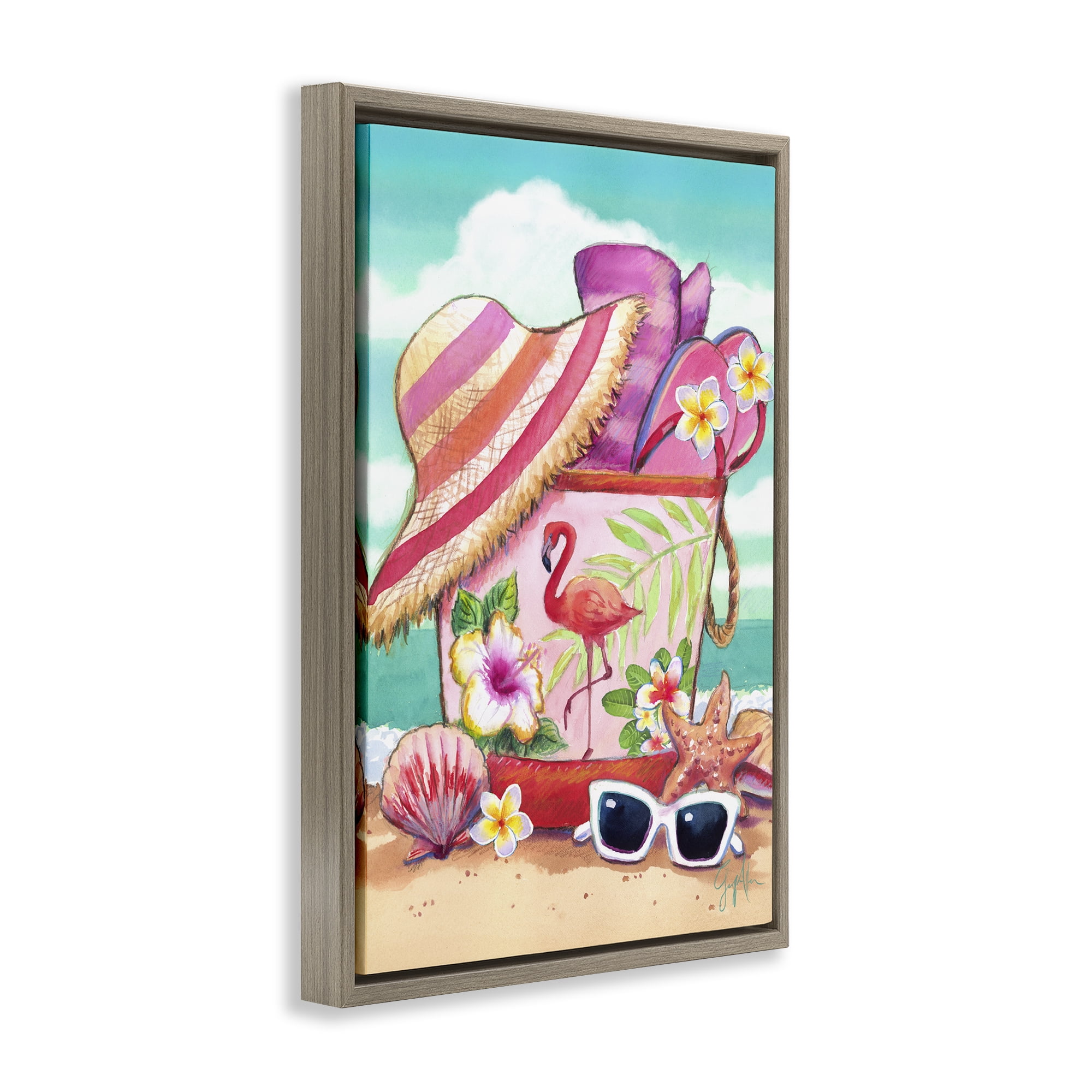 Stupell Industries Floral Beach Bag Nautical & Beach Painting Brown Floater Framed Canvas Art Print Wall Art, 17 x 25