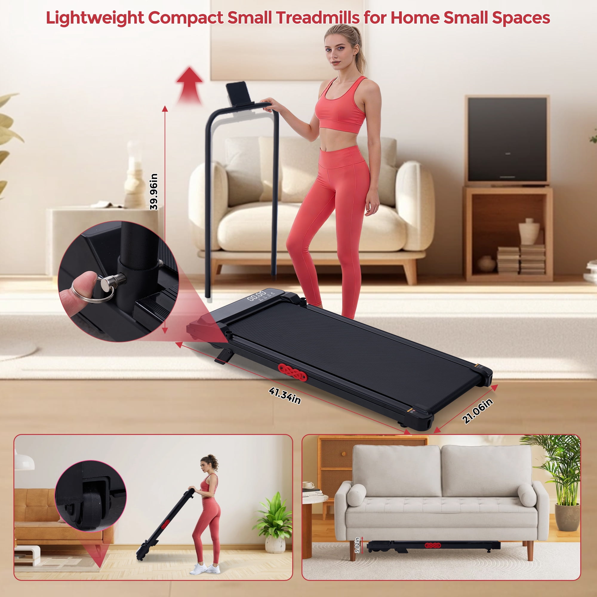 Foldable Walking Pad Treadmill with Handles, 3.0HP Compact Portable Running Machine for Home Fitness, 350LBS Capacity