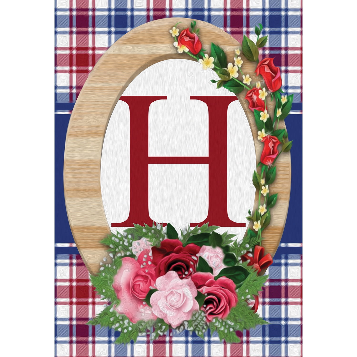 America Forever Monogram H House Flag, 28 x 40 inch Double Sided, Letter H with Roses, Floral Initial Flag, Plaid Background, Personalized Yard Decor