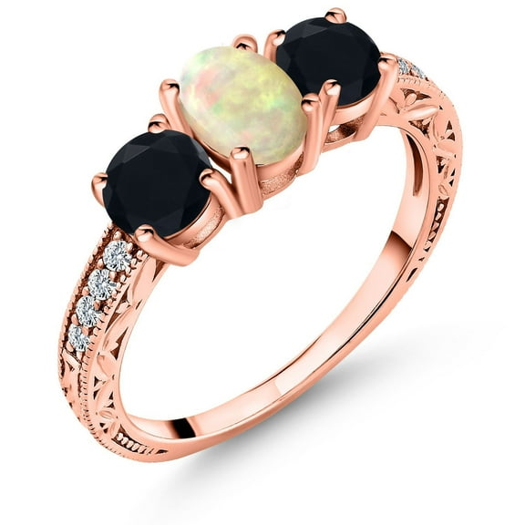 Gem Stone King 1.58 Ct Oval Cabochon White Ethiopian Opal Black Onyx 18K Rose Gold Plated Silver Ring (Size 7)