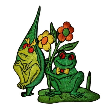 Boy Needlepoint - ID 0014 Boy & Girl Frog Charming Give Flowers Embroidered Iron On Applique Patch