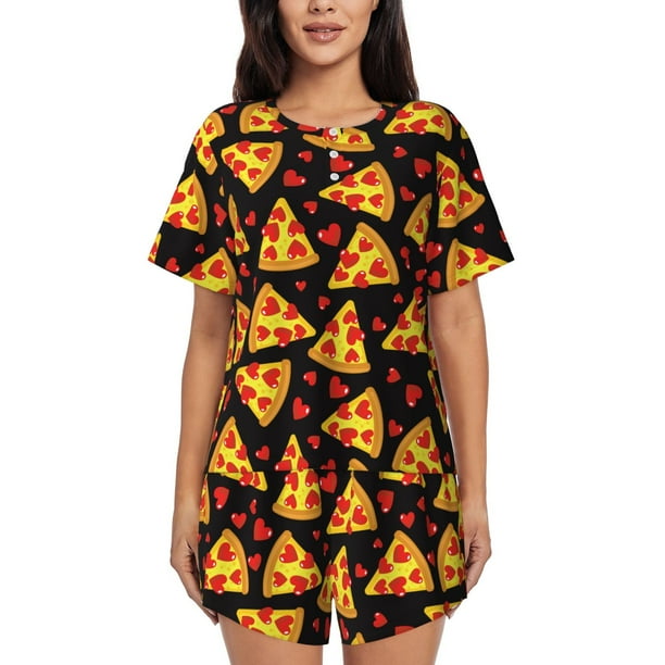 Fotbe Cartoon Pizza Conjunto de Pijama Estampado para Mujer, 2 Piezas, Ropa de Dormir con Camiseta de Manga Corta y Shorts Suaves-Small