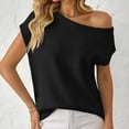 thumbnail image 2 of QHFBli Womens Summer Off The Shoulder Knit Tops 2025 Casual Short Sleeve Oversized Shirt, 2 of 5