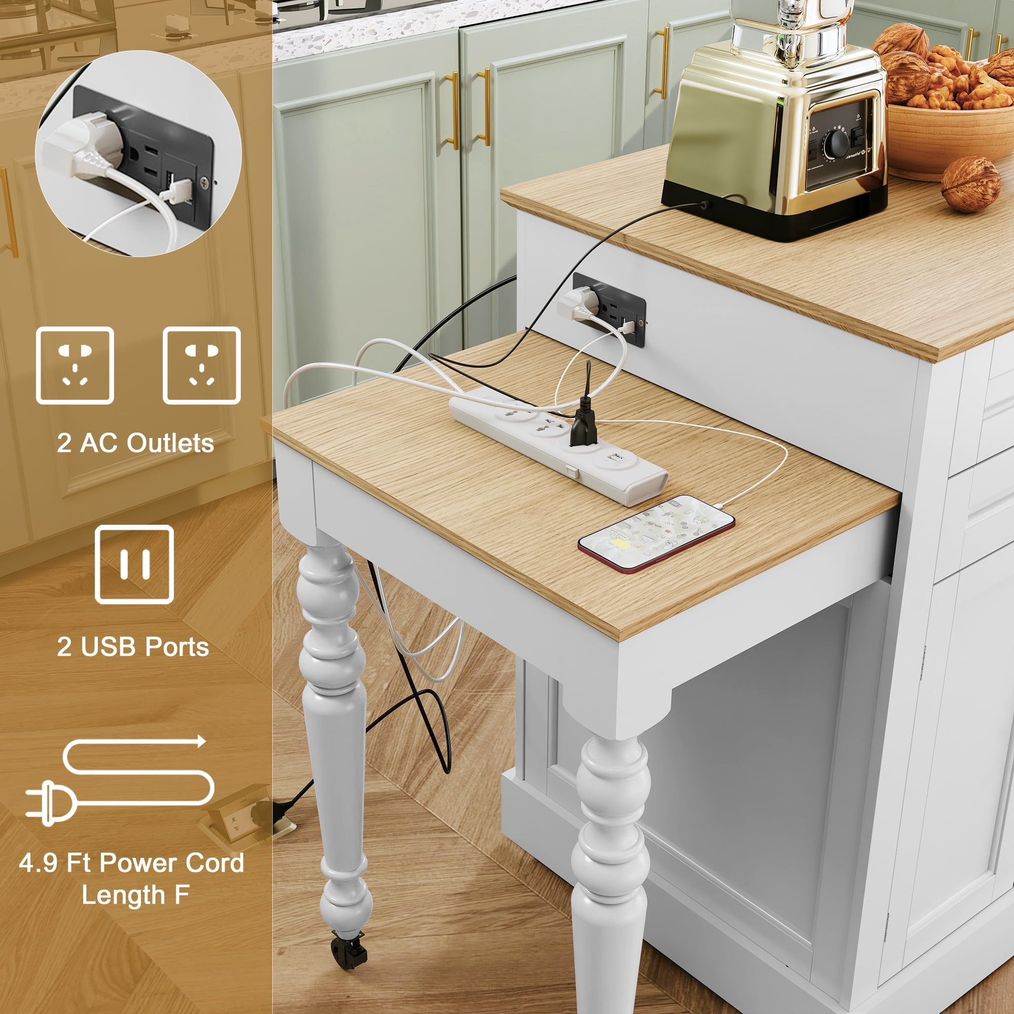 HLR 78.74" Mid-Century Extendable Kitchen Islands on Wheels with Roman column legs, Dining Table Cart with Storage, White