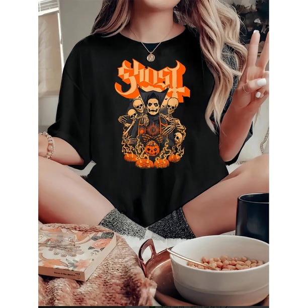 Camisetas con estampado para mujer, camisetas de manga corta de verano 2025, blusas casuales con cuello redondo para adolescentesWomen's Halloween-Inspired Graphic Tee - Comfy & Casual Round Neck S
