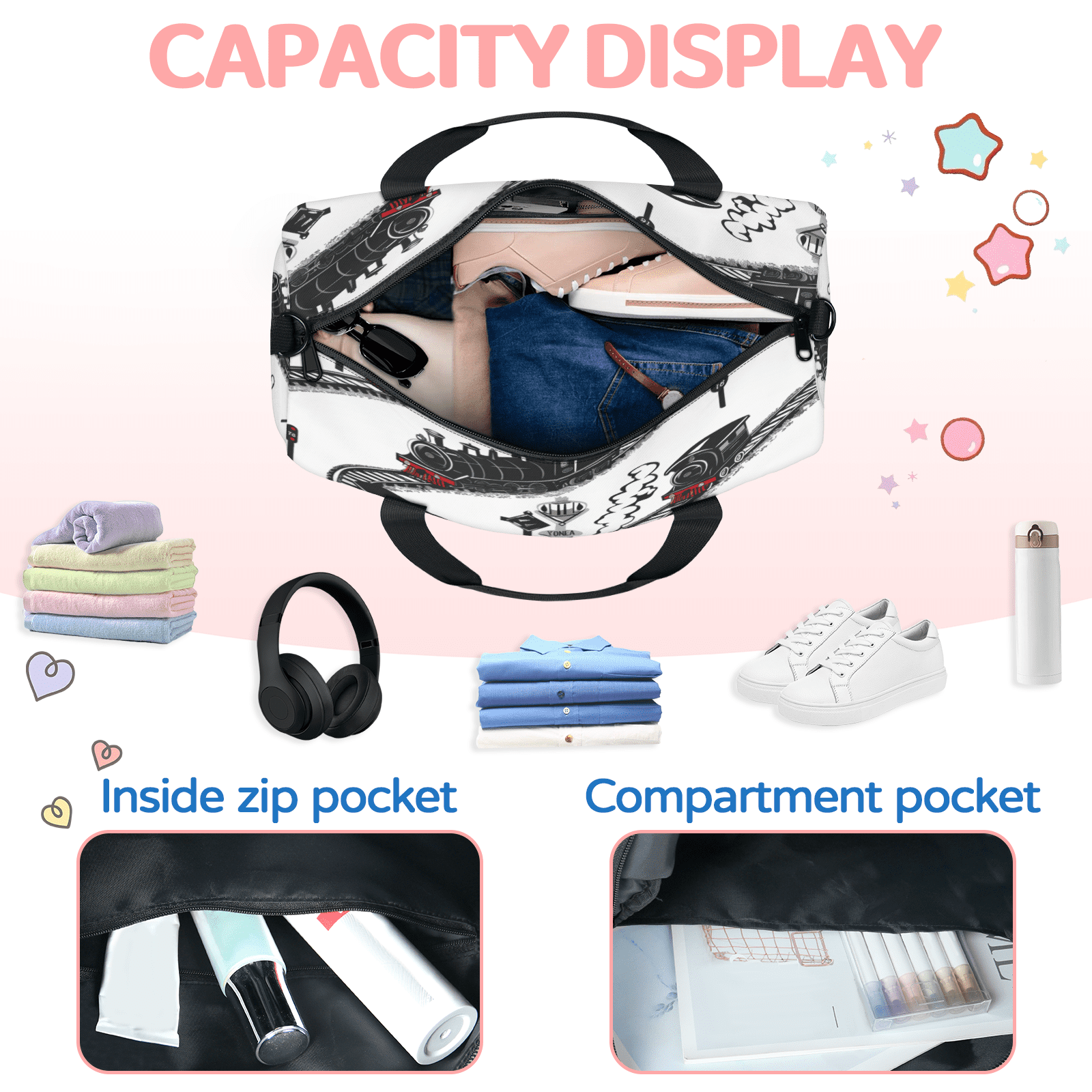 Herdesigns Cartoon Train Travel Duffle Bag Sports Yoga Weekender Overnight Carry on Workout Bags Lightweight Waterproof Gym Tote Bag for Women