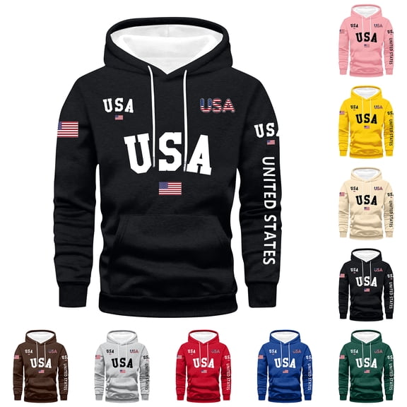 Men's Loose Fit Print Hooded Sweatshirt, USA UNITED STATES Flag Graphic Oversized Casual Fleece Pullover,Black,L