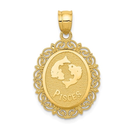 Real 14kt Yellow Gold Solid Satin Polished Pisces Zodiac Oval Pendant; for Adults and Teens; for Women and Men