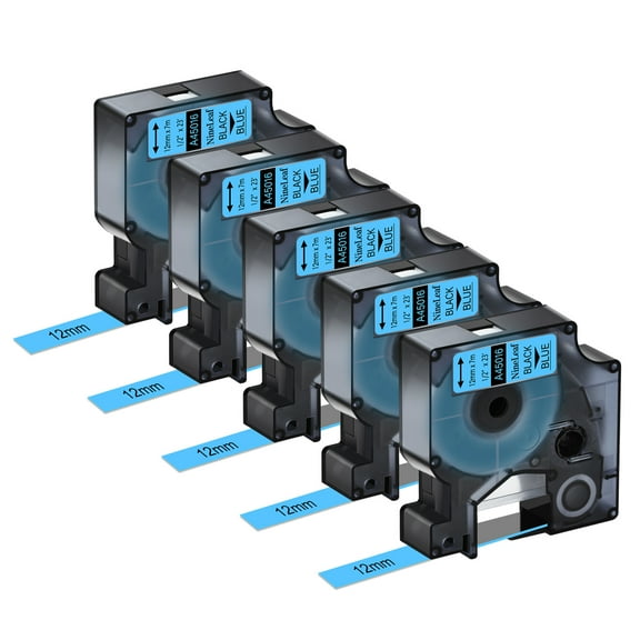NineLeaf 5PK Compatible for DYMO D1 45016 1/2" x 23' (12mm x 7m) Black on Blue Label Maker Tape for Label Manager 100 120P 160 210D