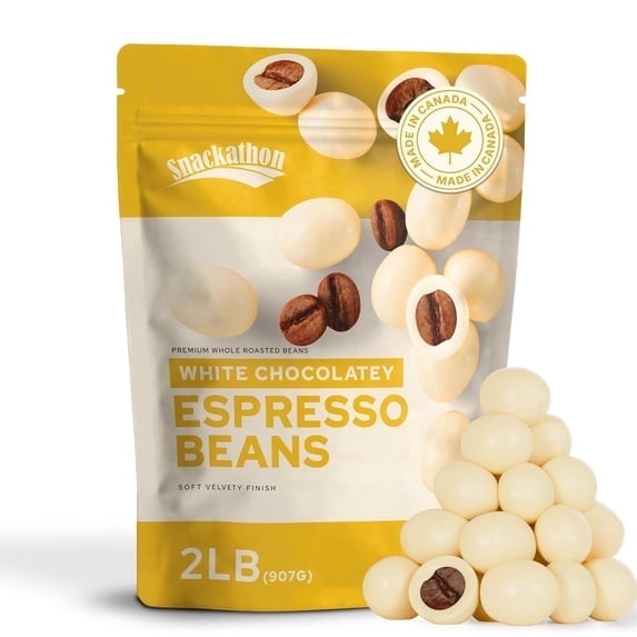 Snackathon White Chocolatey Covered Espresso Beans Bulk, 2 lb Resealable Snack Pack, Gourmet Chocolatey Covered Coffee Beans, Smooth Coffee Candy Treat