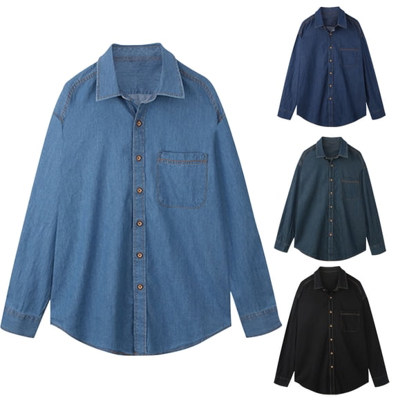 Miluxas Men's Classic Long-Sleeved Denim Shirt Button Down Washed Denim Shirt Lapel Denim Shirt Casual Slim Fit Navy