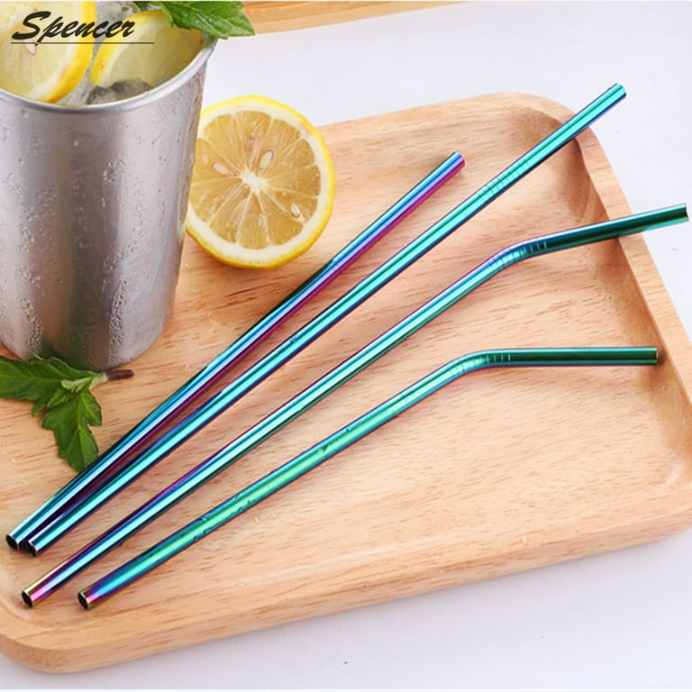 Spencer Set of 8 Stainless Steel Straws, 10.5in Strong Reusable Drinking Metal Straws - Fits 30oz Yeti Tumbler,Coffee Juice (4 Straight & 4 Bent & 2