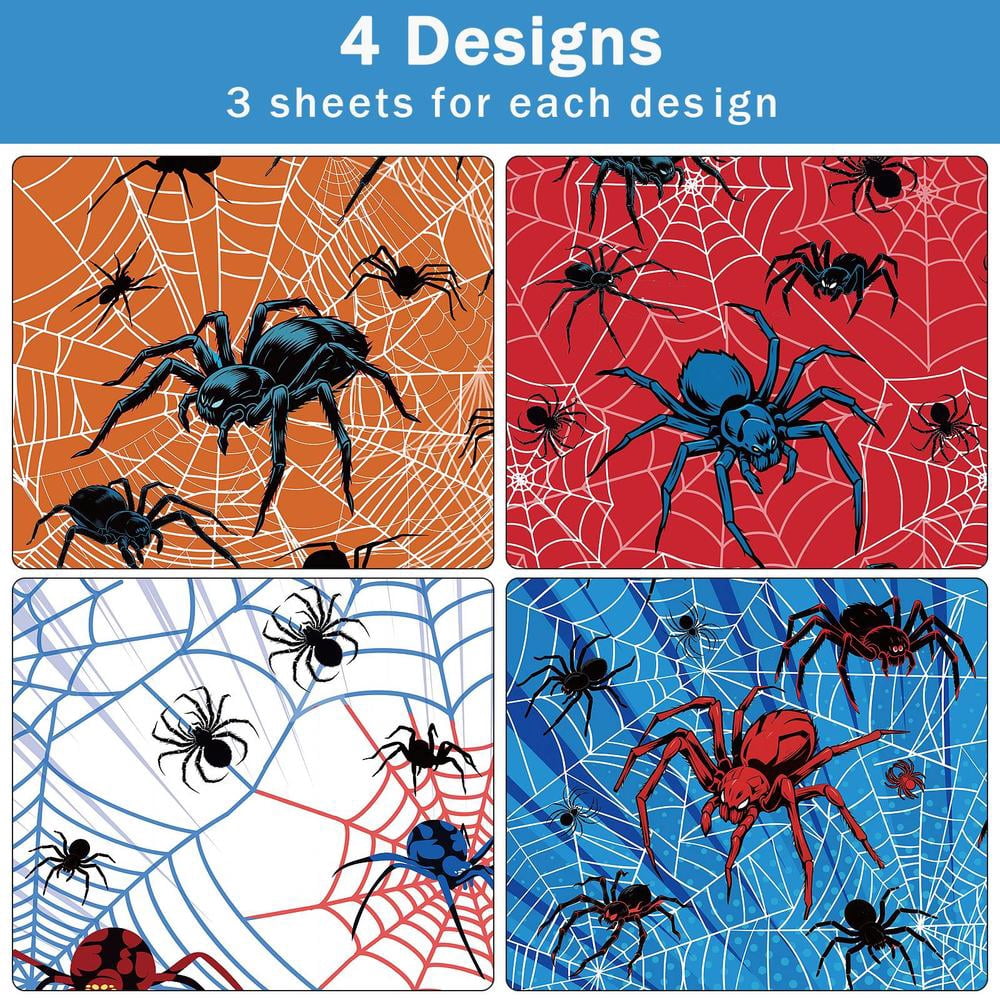 12 Sheets Spider Wrapping Paper, Spider Web Gift Wrap Blue Red Gift Packing for Boys Men Birthday Party DIY Crafts, 19.7 x 27.6 inch