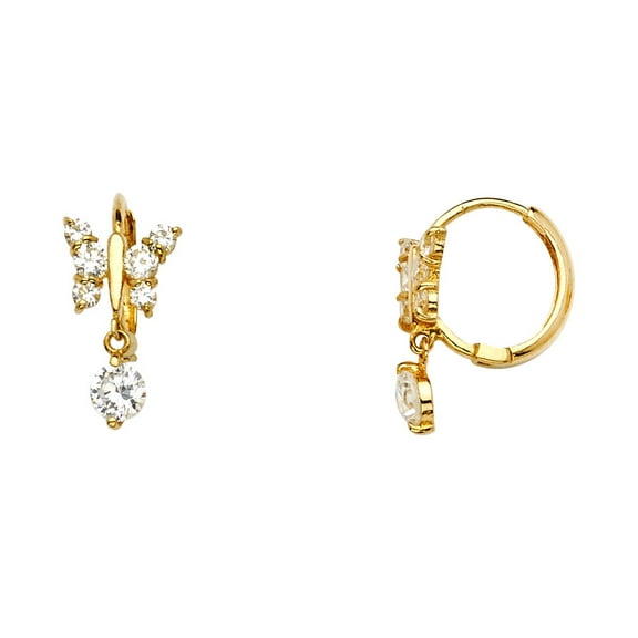 14k Yellow Gold Studded Butterfly Huggie Hoop Hanging Dangling Earrings Clear CZ Jewelry Female