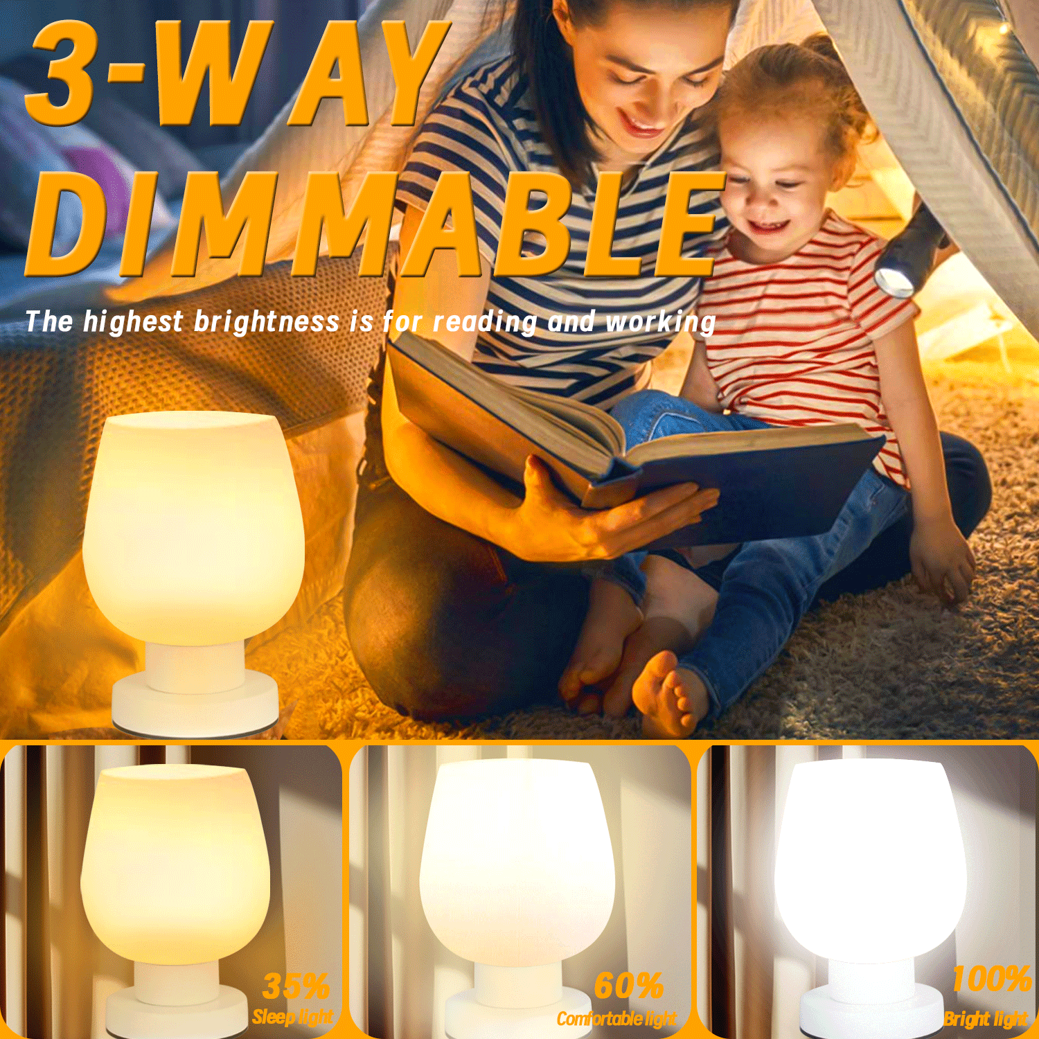 Touch Bedside Lamps with USB Ports, 3 Way Dimmable Small Nightstand Lamp for Bedroom, Living Room, Kids Room, Office Desk (E26 Bulb Included)