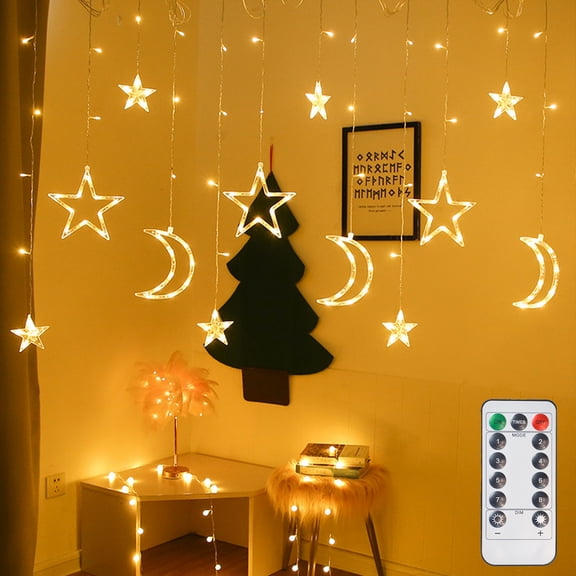 Melofo Halloween Lights, 11.48ft/138 Leds Star and Moon Curtain Fairy Lights, Battery Powered, Remote Control, Warm White