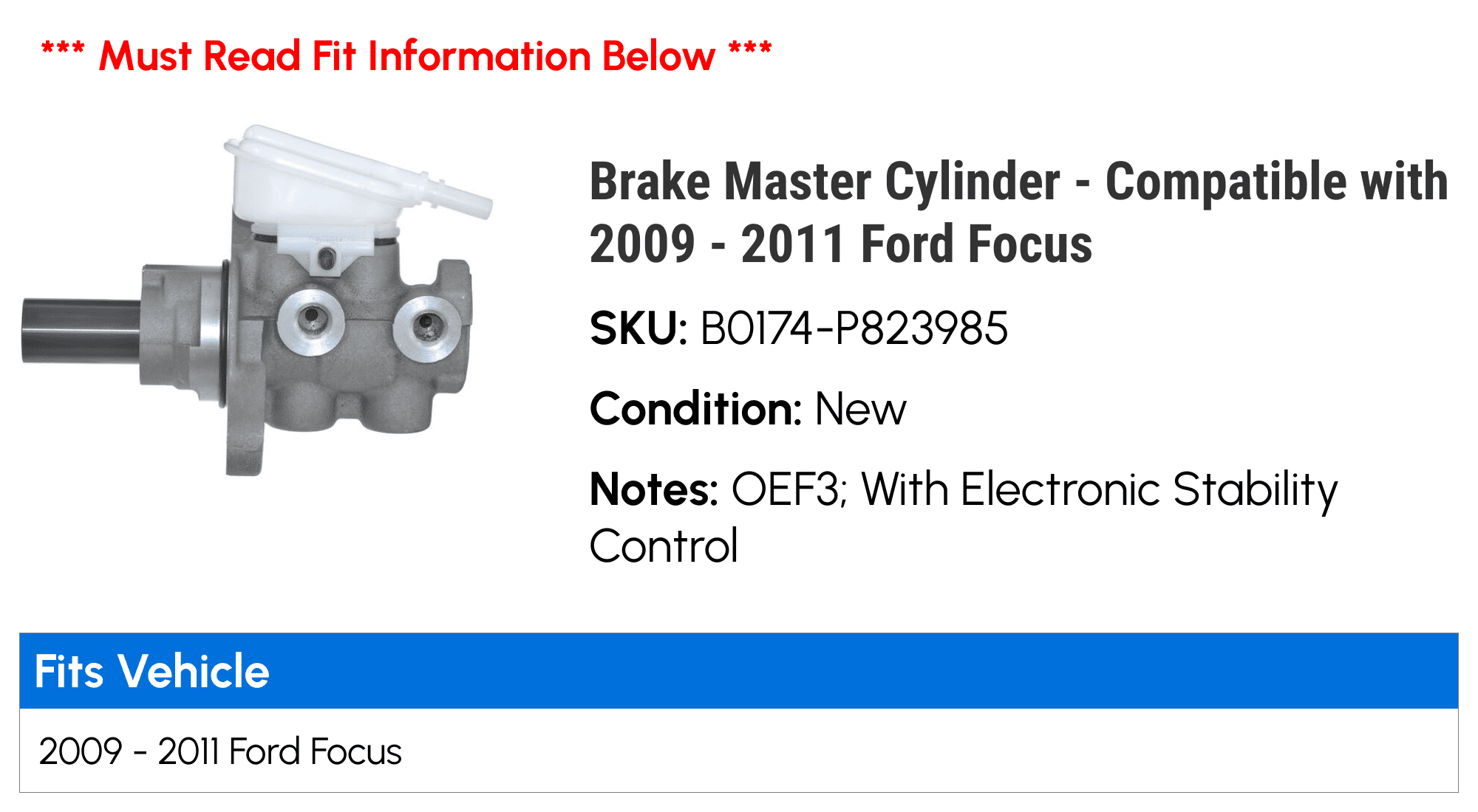 Evan-Fischer Brake Master Cylinder For Ford Focus 2009-2011 – 15/16" Bore, With Reservoir