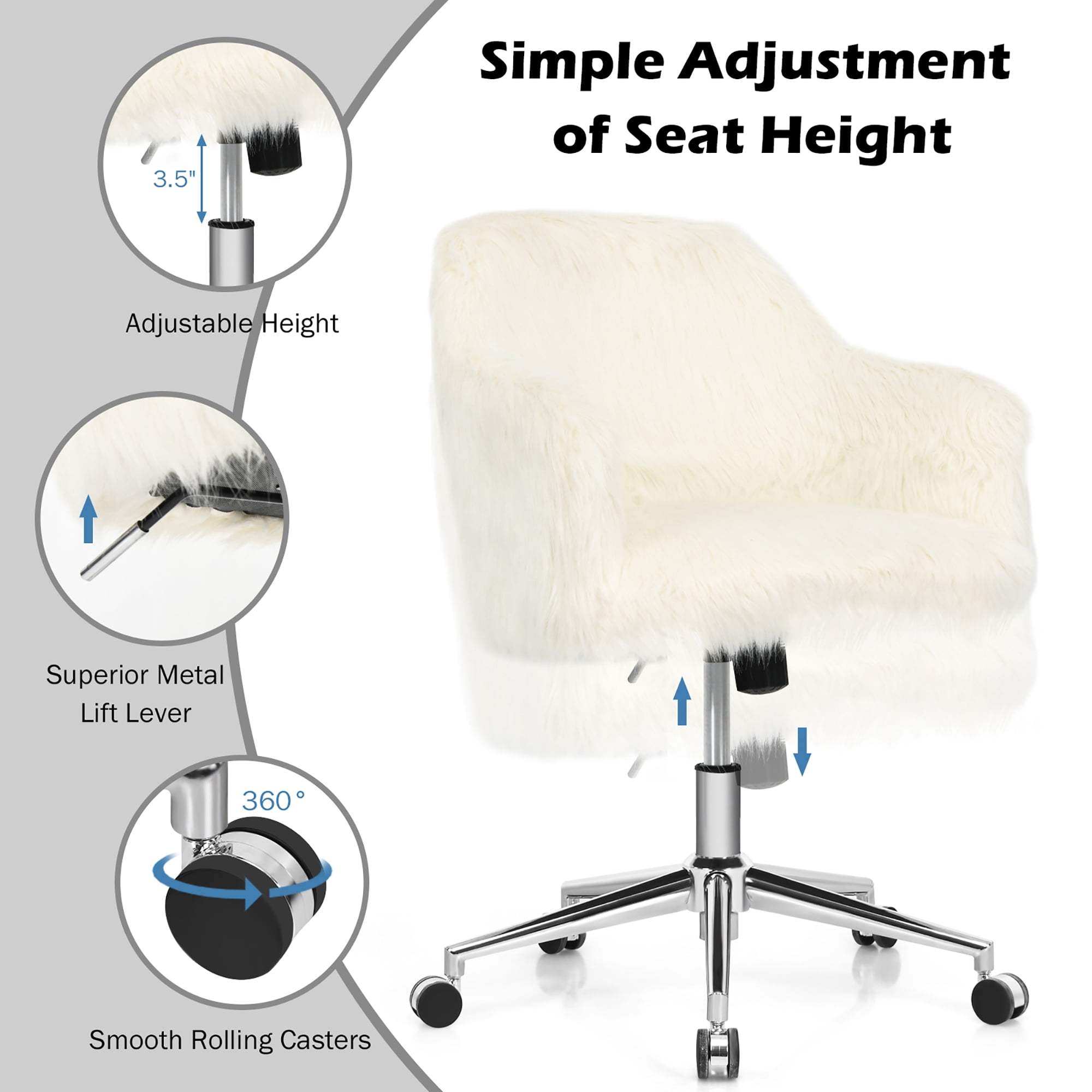 Costway Synthetic Swivel Office Chair Adjustable Task Chair Fluffy Vanity Chair