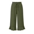 thumbnail image 6 of Linen Pants Women Summer Casual Ruffle Hem Wide Leg Drawstring Elastic Waist Capri Pants with Pockets Beach Vacation Travel Pants S, 6 of 7
