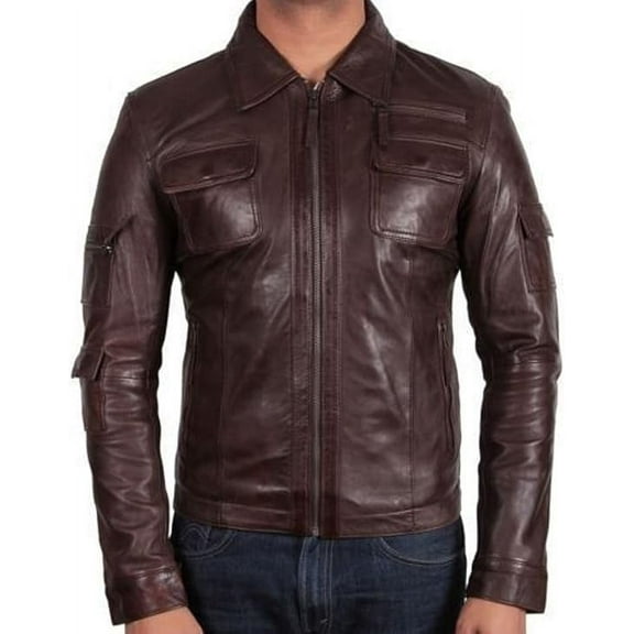 Men Slim Fit Biker Motorcycle Lambskin Leather Jacket Coat Outwear Brown Jackets A321