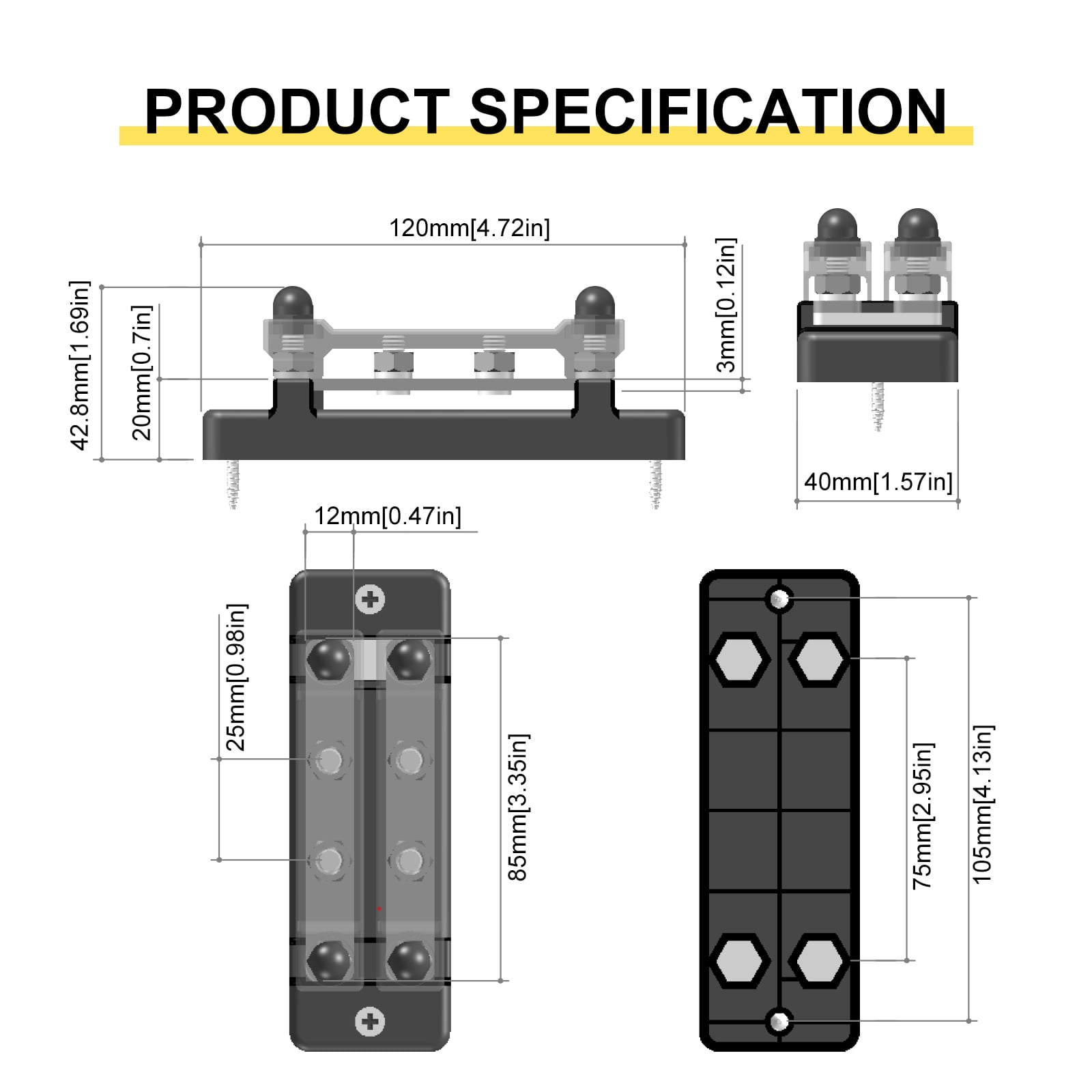 8 Terminal Bus 150A BusBar Block with Cover Ground Distribution Power Distribution Terminal Block for w/ 8 M6 Screws