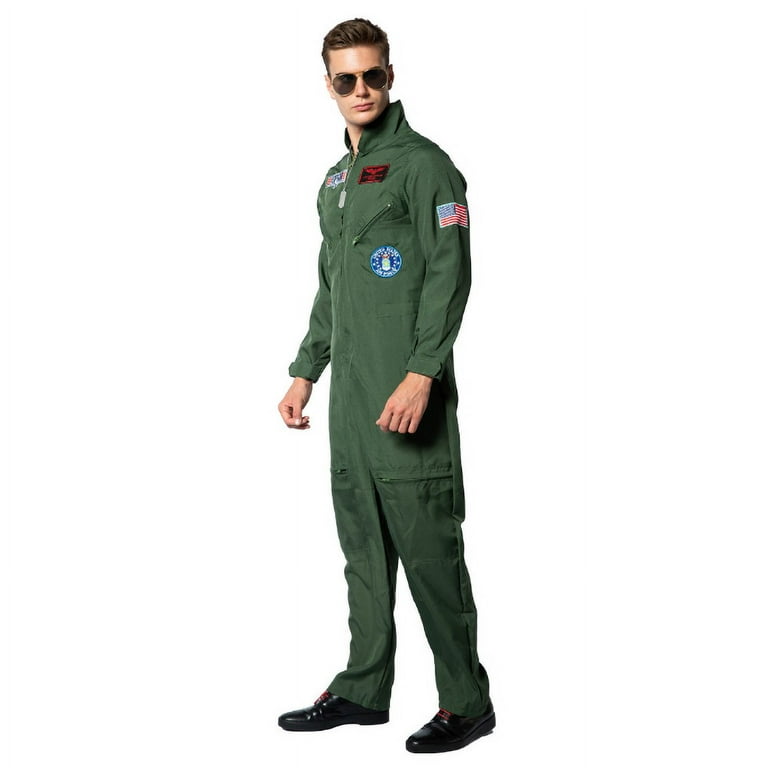 Top Gun Deluxe Pilot Costume Mens Aviator Jumpsuit Fancy Dress Outfit +  Aviators