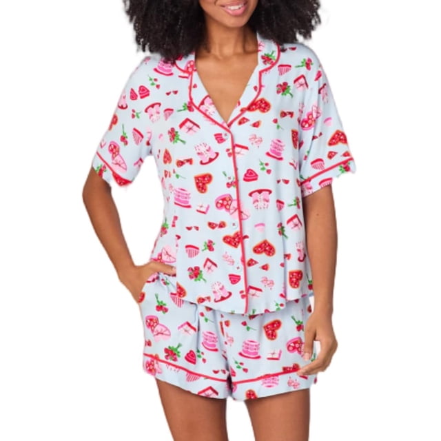 Pijama Yiulangde de seda con forma de corazón para mujer, satén, 2 piezas, rosa