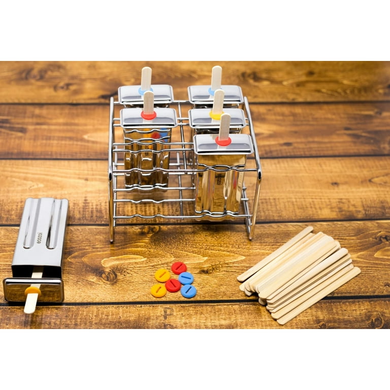 ecozoi Stainless Steel Popsicle Molds and Rack - 6 Ice Pop Makers + 30 Reusable Bamboo Sticks + 12 Silicone Seals + 1 Rack