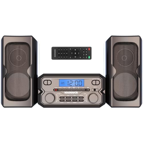 Magnavox MM435M-BK Sistema compacto de estantería para CD de 3 piezas con radio estéreo FM digital, tecnología inalámbrica Bluetooth y control remoto en negro | Pantalla LCD | Compatible con puerto au