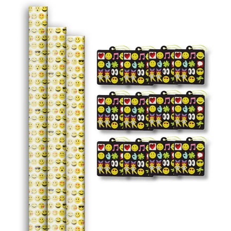 Jillson & Roberts Premium Gift Wrap Roll & Gift Tag Assortment, Emoji Designs (3 Rolls & 12 Tags)